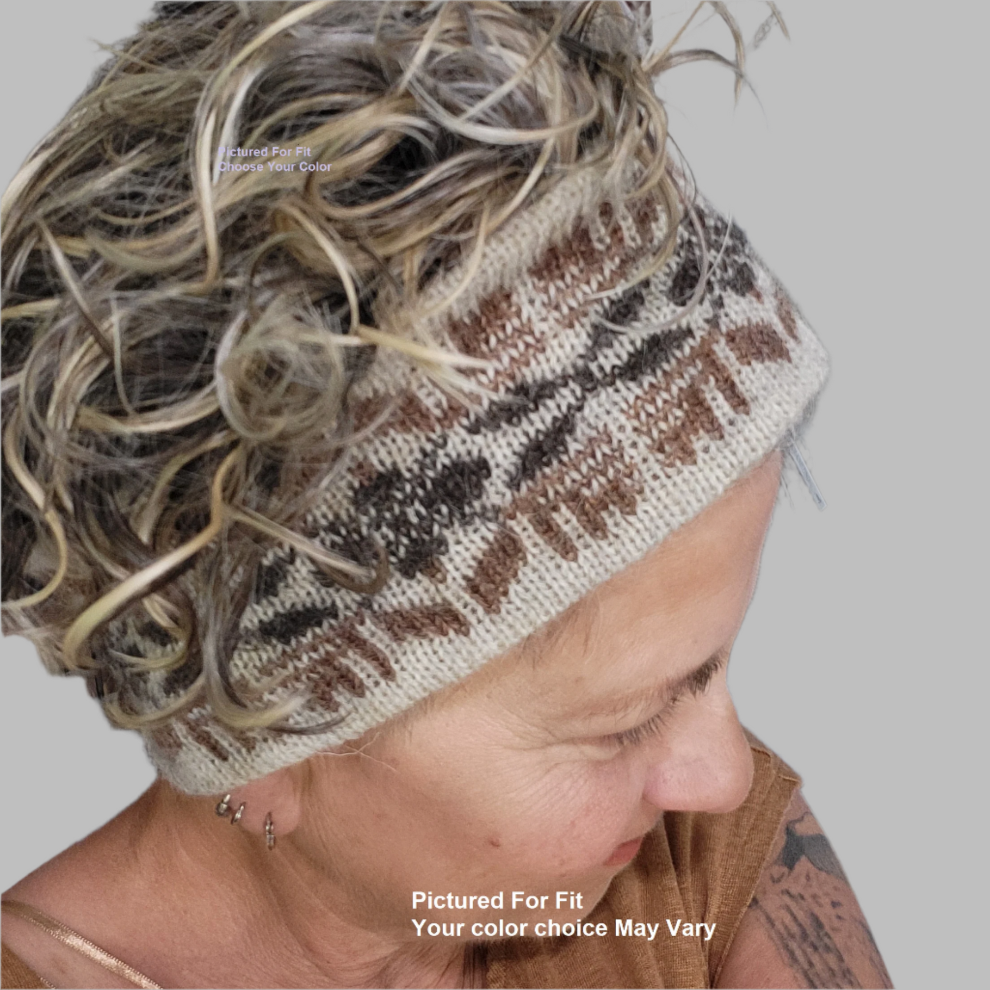 Person wearing handmade knit headband ear warmer