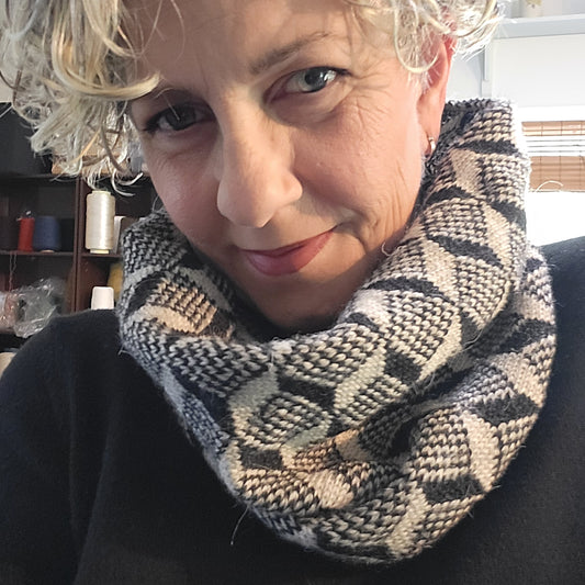 woman wearing handmade black white neck cowl